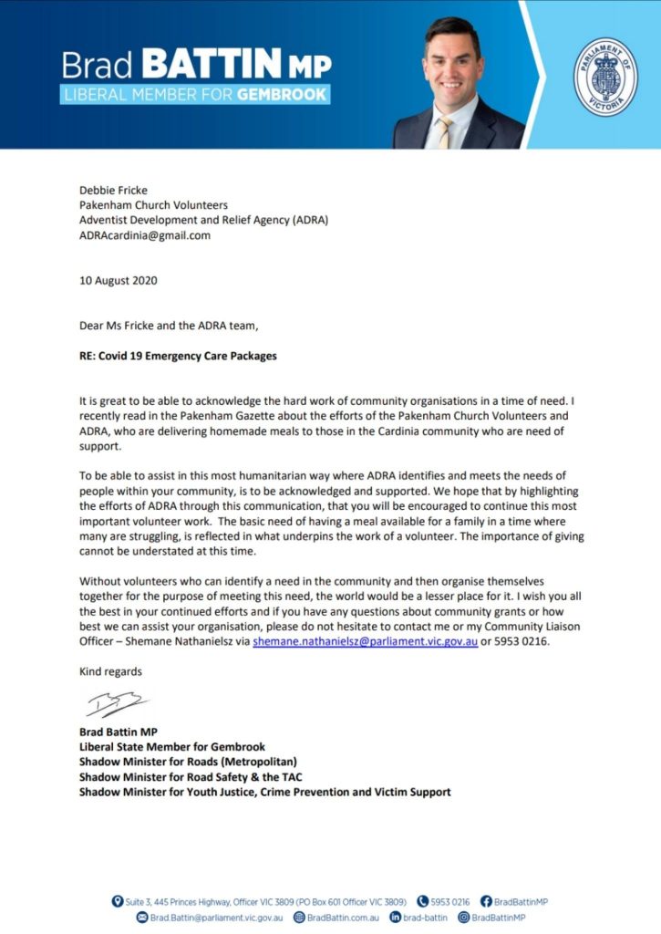 Letter of thanks from MP Brad Battin